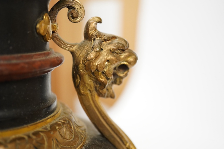 A pair of ormolu, rouge and black marble table lamps, 42cm including fitting. Condition - good